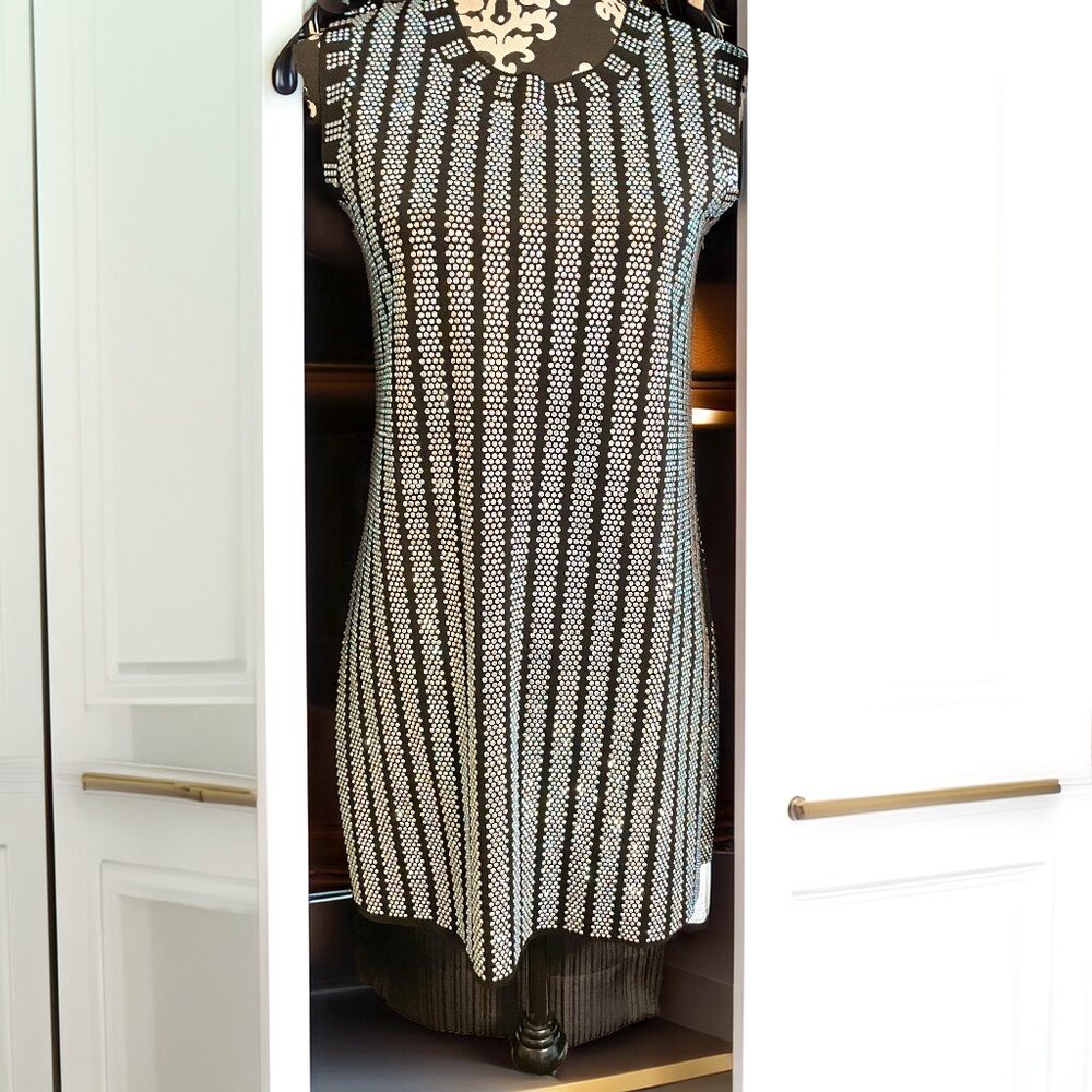 Black with Iridescent Crystal Embellished Sleeveless A-Line Party Dress